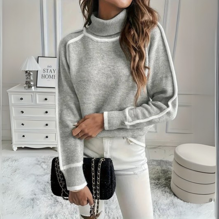 Comfortable Gray Turtleneck Sweater for Women with Long Sleeve Contrast Trim Relaxed Oversized Knit Style