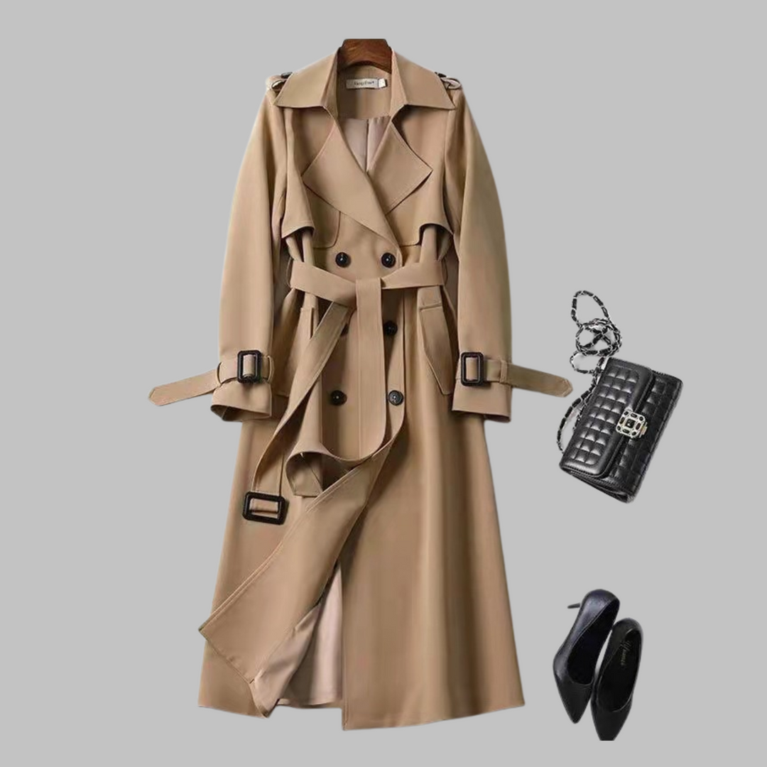 Elegant Trench Coat for Women with Notched Lapel Long Sleeve Double Breasted Belted Flowing Style