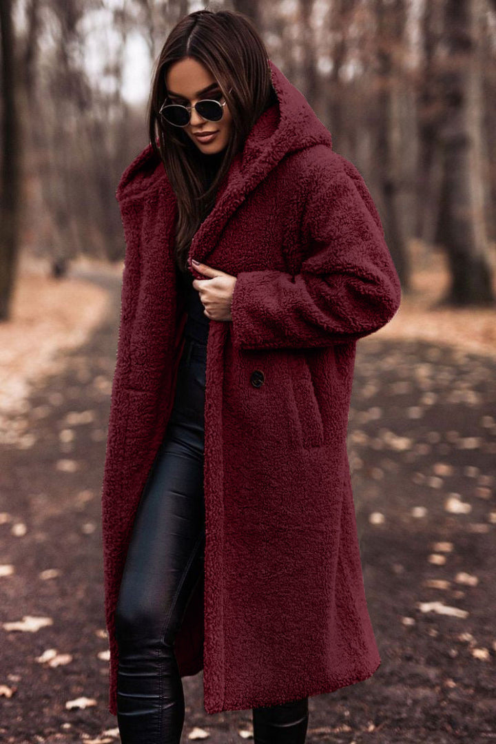 Effortless Shearling Coat for Women with Hooded Collar Long Sleeve Oversized Longline Style
