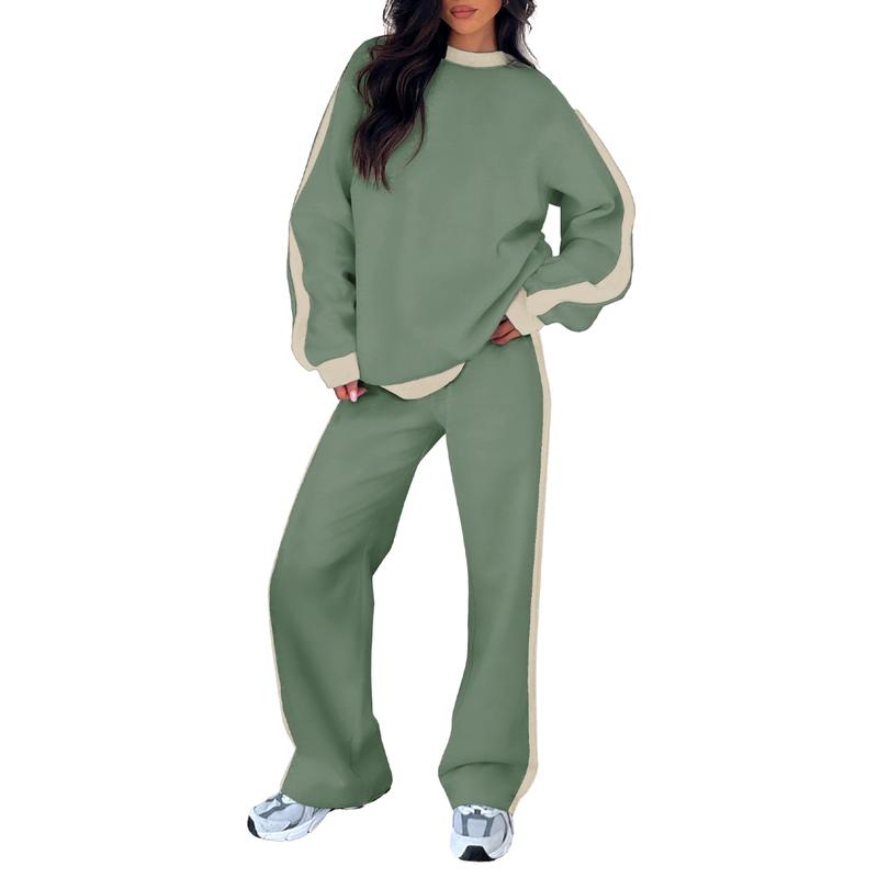 Effortless Wide Leg Set for Women with Round Neck Long Sleeve Contrast Stripe Relaxed Two Piece Style