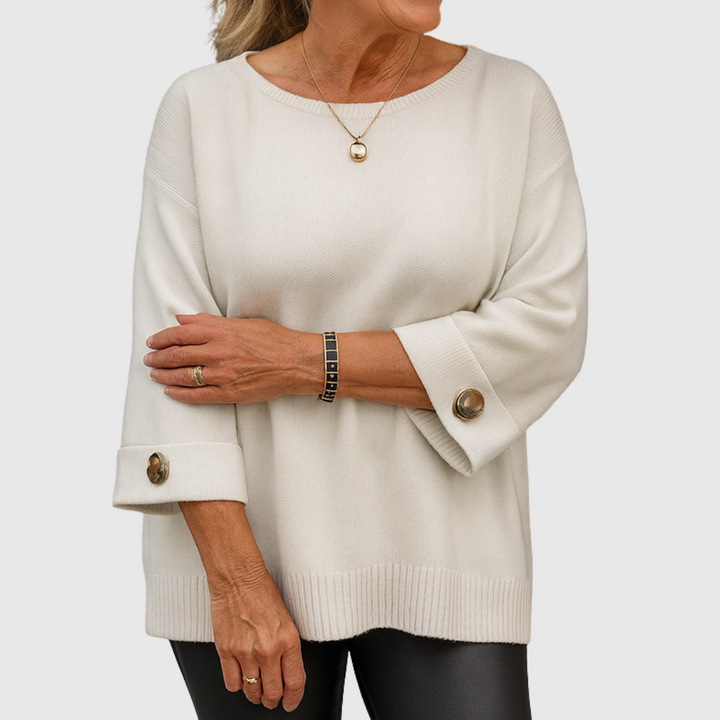 Comfortable Ribbed Knit Sweater for Women with Round Neck Elbow Sleeve Button Cuff Relaxed Oversized Style