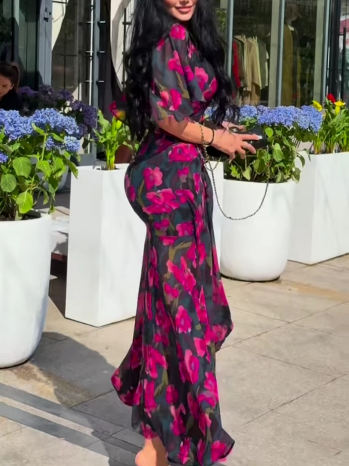 Elegant Black Floral Maxi Dress for Women with V Neck Flutter Sleeve Wrap Belted Flowing Style