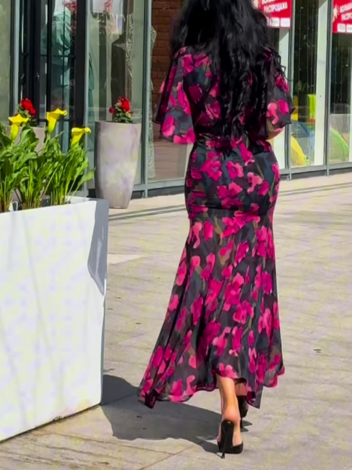 Elegant Black Floral Maxi Dress for Women with V Neck Flutter Sleeve Wrap Belted Flowing Style