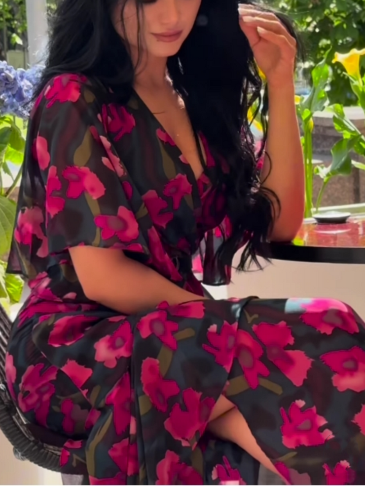Elegant Black Floral Maxi Dress for Women with V Neck Flutter Sleeve Wrap Belted Flowing Style