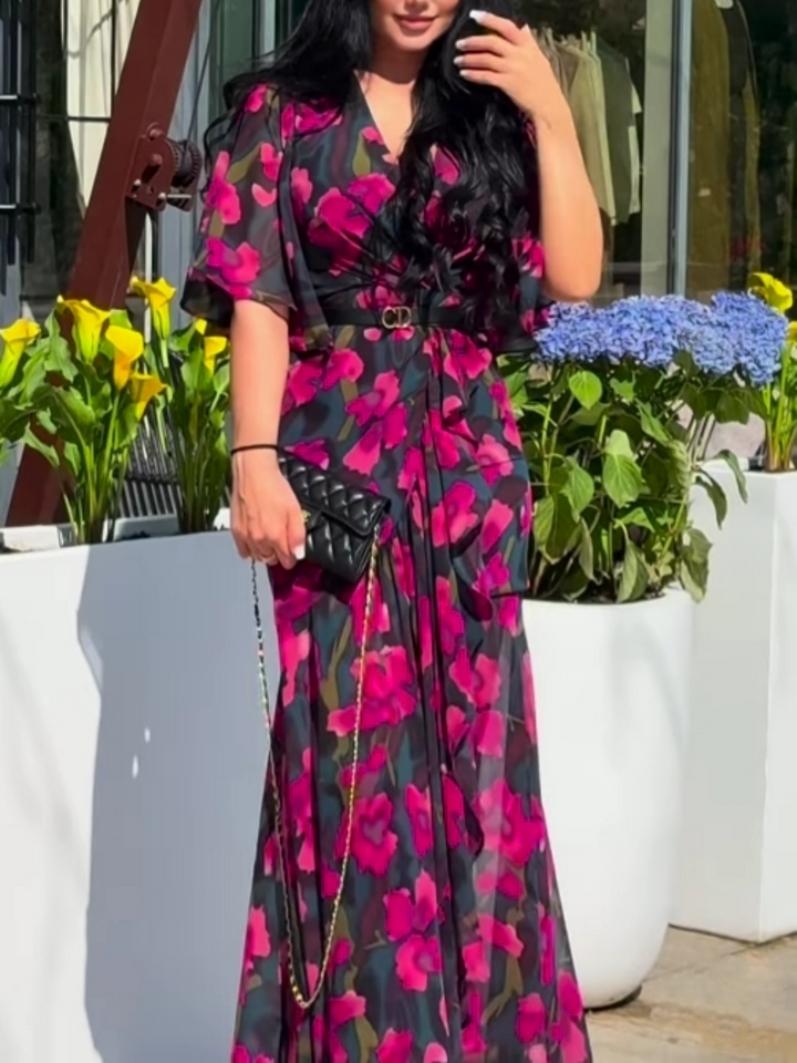 Elegant Black Floral Maxi Dress for Women with V Neck Flutter Sleeve Wrap Belted Flowing Style