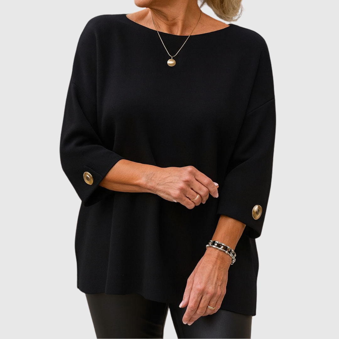Comfortable Ribbed Knit Sweater for Women with Round Neck Elbow Sleeve Button Cuff Relaxed Oversized Style