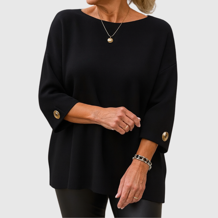 Comfortable Ribbed Knit Sweater for Women with Round Neck Elbow Sleeve Button Cuff Relaxed Oversized Style