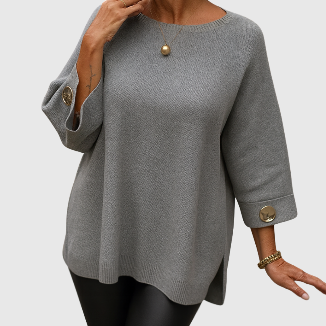 Comfortable Ribbed Knit Sweater for Women with Round Neck Elbow Sleeve Button Cuff Relaxed Oversized Style