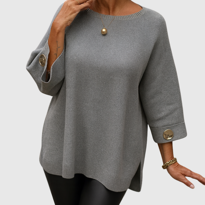 Comfortable Ribbed Knit Sweater for Women with Round Neck Elbow Sleeve Button Cuff Relaxed Oversized Style