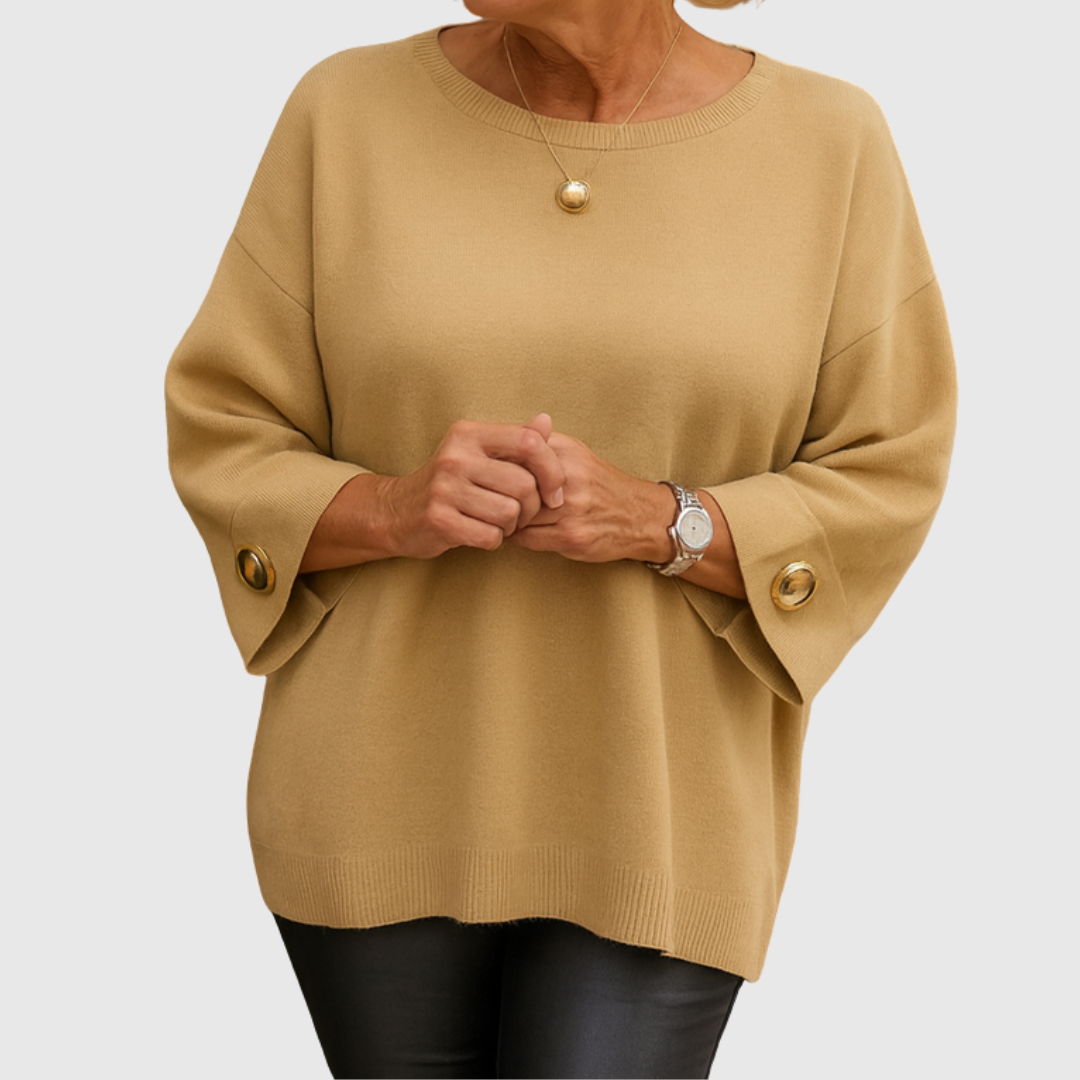 Comfortable Ribbed Knit Sweater for Women with Round Neck Elbow Sleeve Button Cuff Relaxed Oversized Style