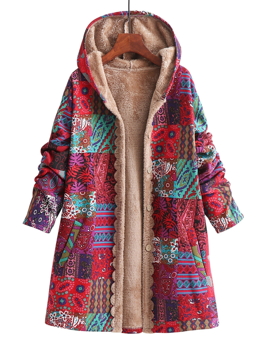 Effortless Patchwork Print Fleece Lined Coat for Women with Hooded Long Sleeve Button Front Oversized Bohemian Style