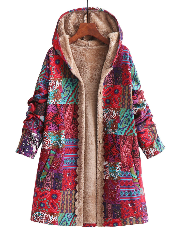 Effortless Patchwork Print Fleece Lined Coat for Women with Hooded Long Sleeve Button Front Oversized Bohemian Style