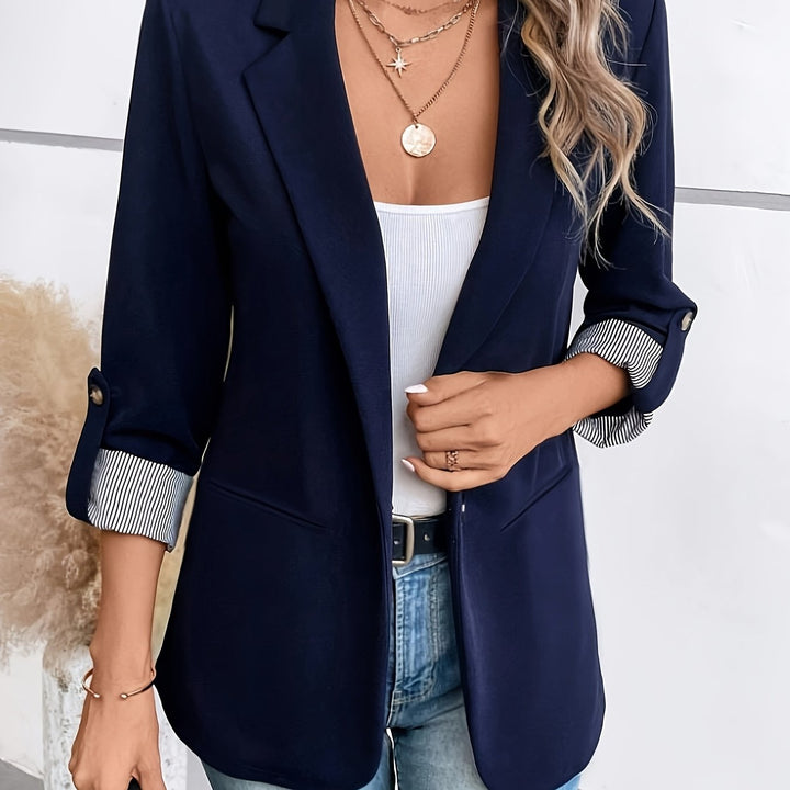 Effortless Blazer for Women with Lapel Collar Long Sleeve Striped Cuff Open Front Casual Style