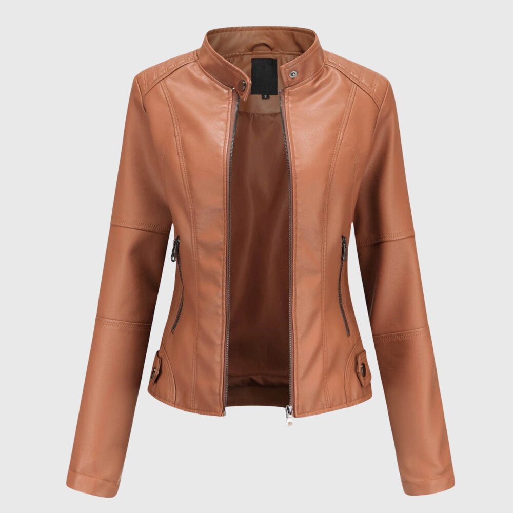 Elegant Faux Leather Moto Jacket for Women with Stand Collar Long Sleeve Zip Front Fitted Style