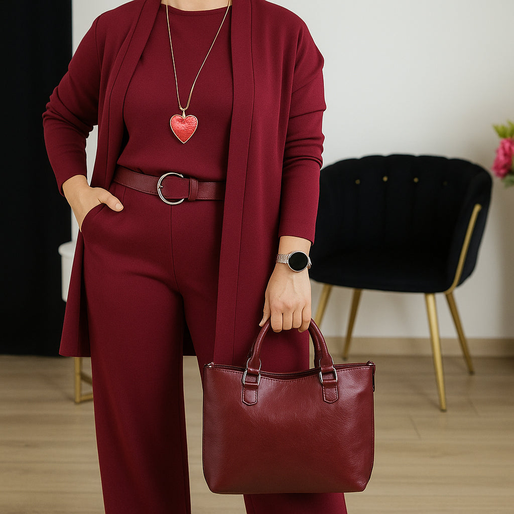 Elegant Three Piece Set for Women with Round Neck Top Open Front Cardigan Wide Leg Pant Formal Style