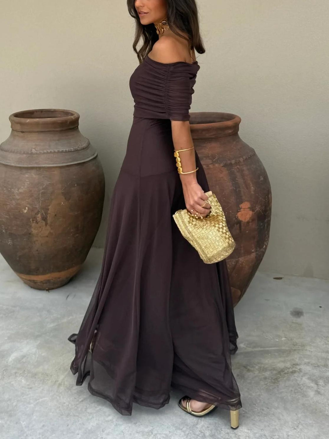 Elegant Mesh Maxi Dress for Women with Off Shoulder Short Sleeve Ruched Flowing Style