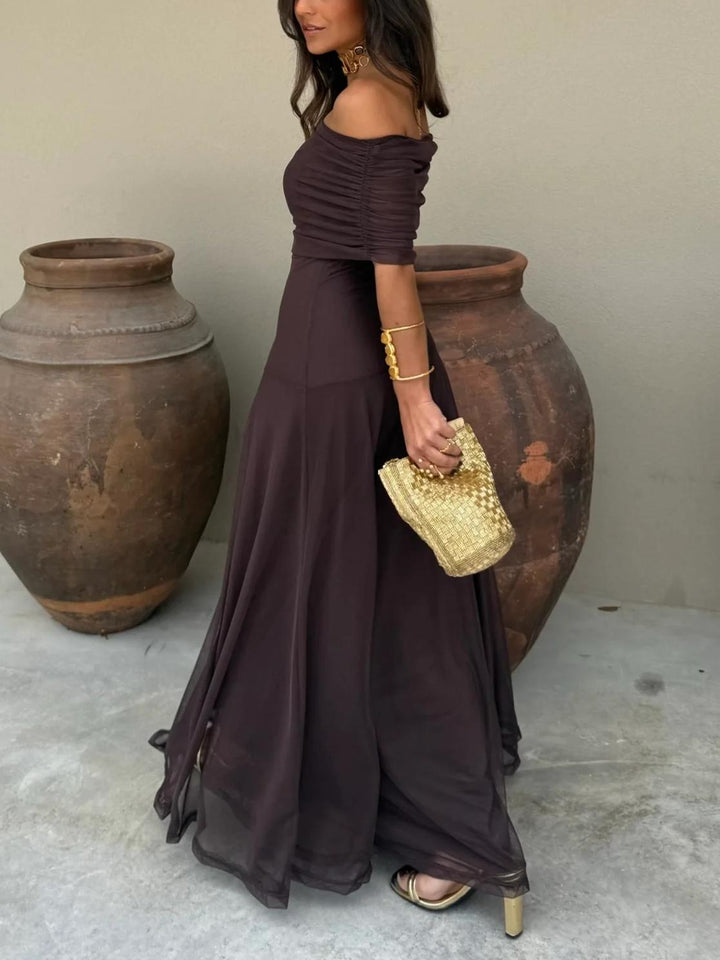 Elegant Mesh Maxi Dress for Women with Off Shoulder Short Sleeve Ruched Flowing Style