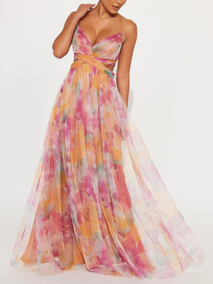 Effortless Watercolor Floral Maxi Dress for Women with V Neck Spaghetti Strap Crisscross Waist High Slit Flowing Style