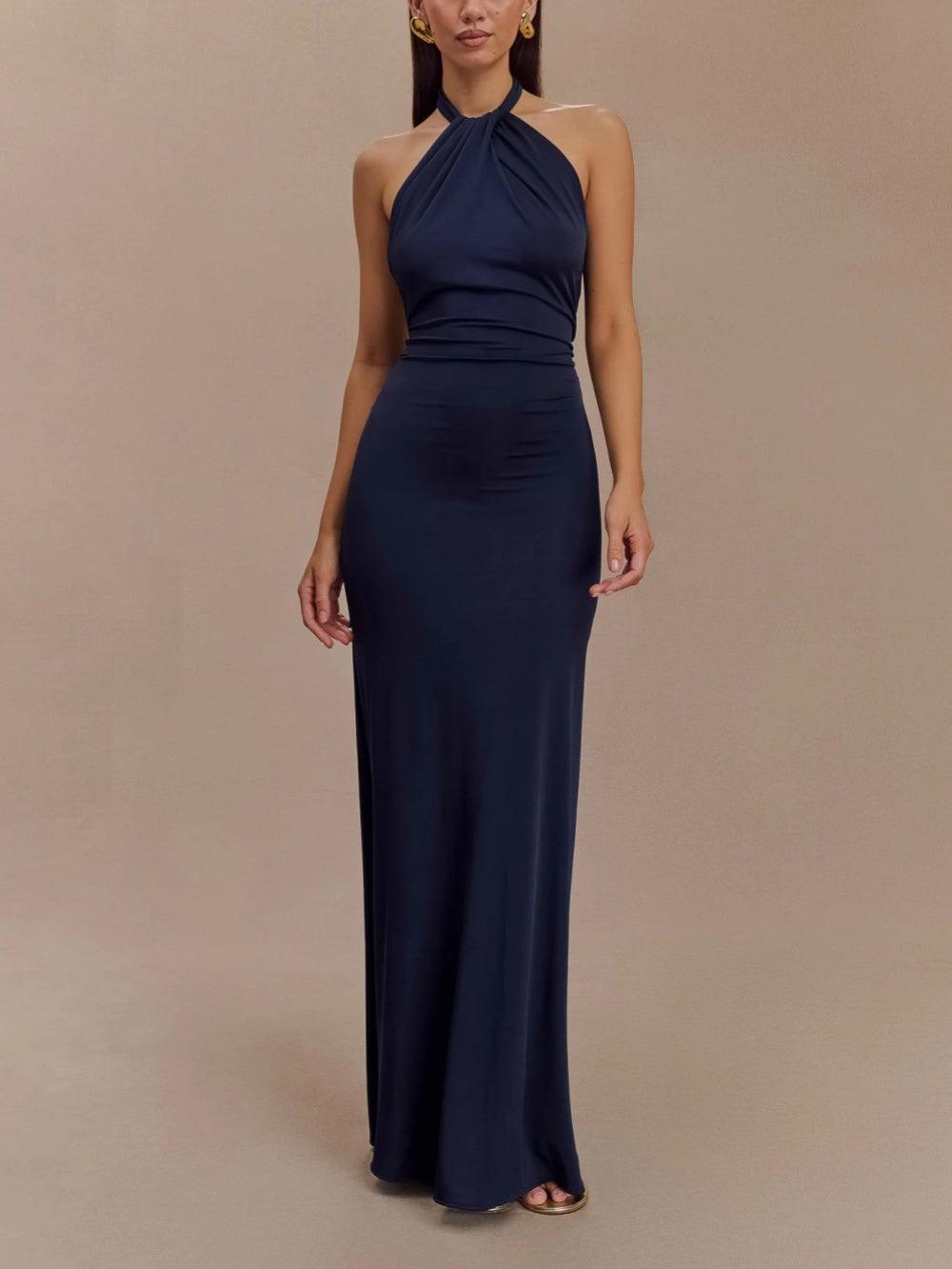 Elegant Navy Maxi Dress for Women with Halter Neck Sleeveless Ruched Backless Formal Wedding Guest Style