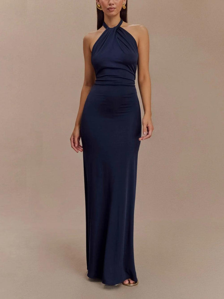 Elegant Navy Maxi Dress for Women with Halter Neck Sleeveless Ruched Backless Formal Wedding Guest Style