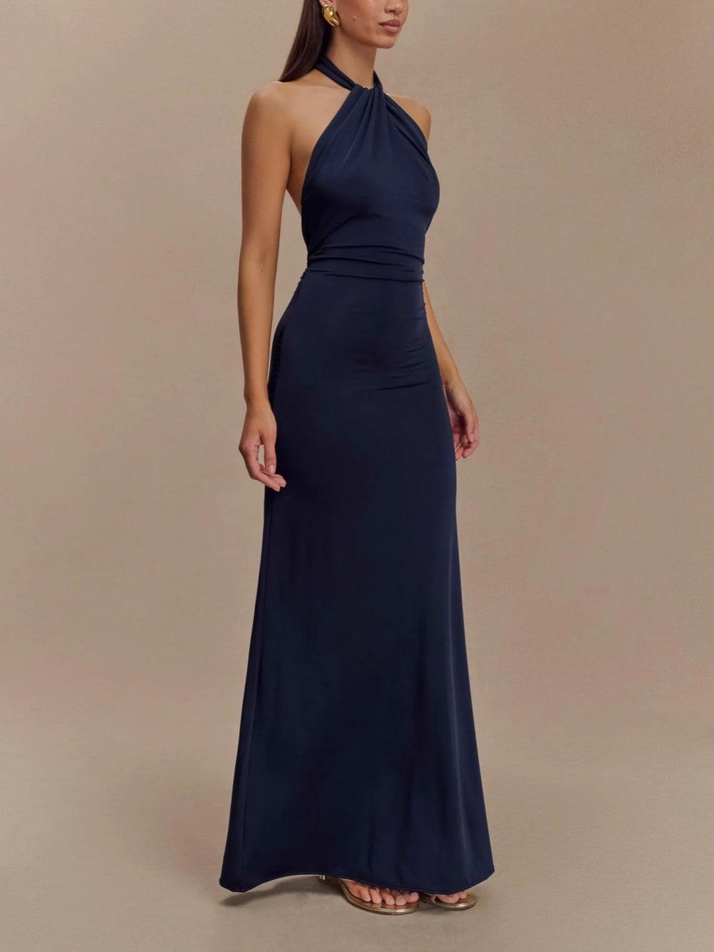 Elegant Navy Maxi Dress for Women with Halter Neck Sleeveless Ruched Backless Formal Wedding Guest Style