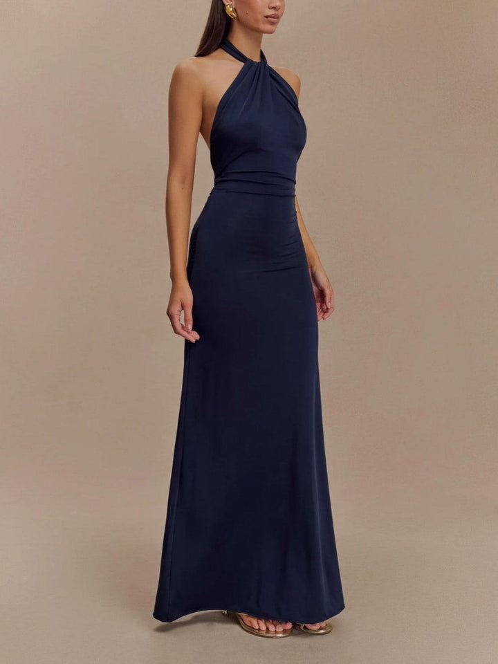 Elegant Navy Maxi Dress for Women with Halter Neck Sleeveless Ruched Backless Formal Wedding Guest Style