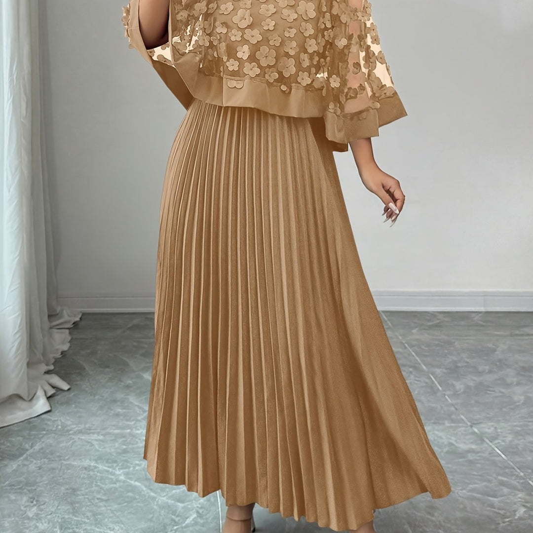Elegant Floral Pleated Maxi Dress for Women with Round Neck Cape Sleeve Appliqué Flowing Formal Wedding Guest Style