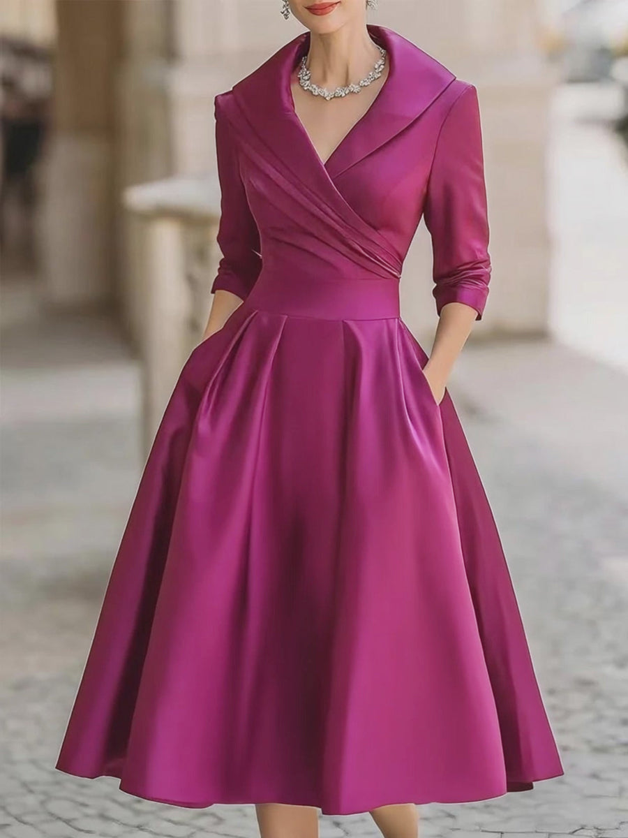 Elegant Satin Midi Dress for Women with Shawl Collar Elbow Sleeve Pleated A Line Cocktail Style