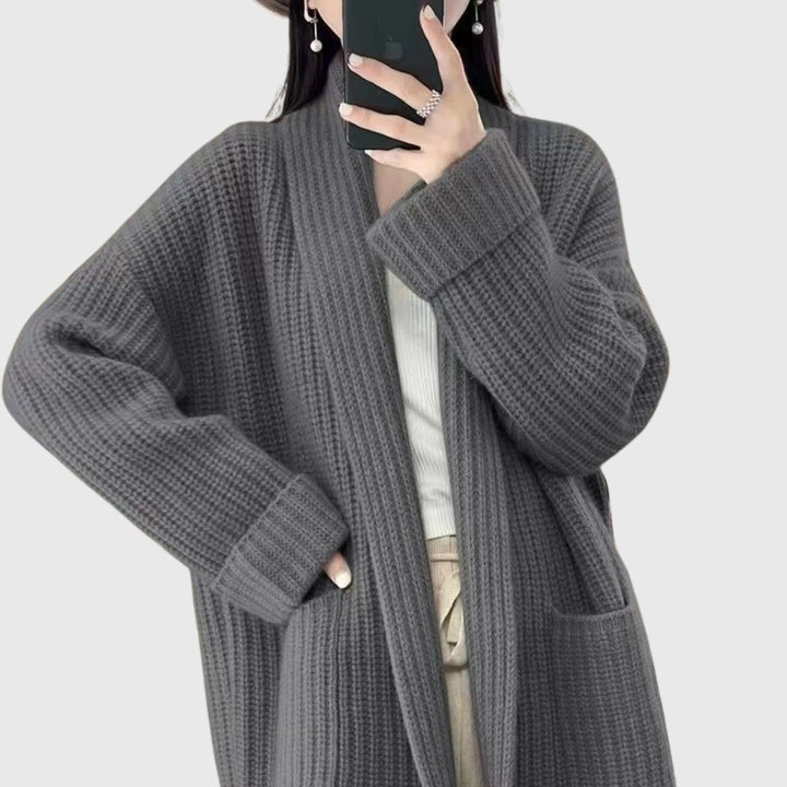 Comfortable Chunky Cardigan Sweater for Women with Shawl Collar Long Sleeve Patch Pocket Oversized Knit Style