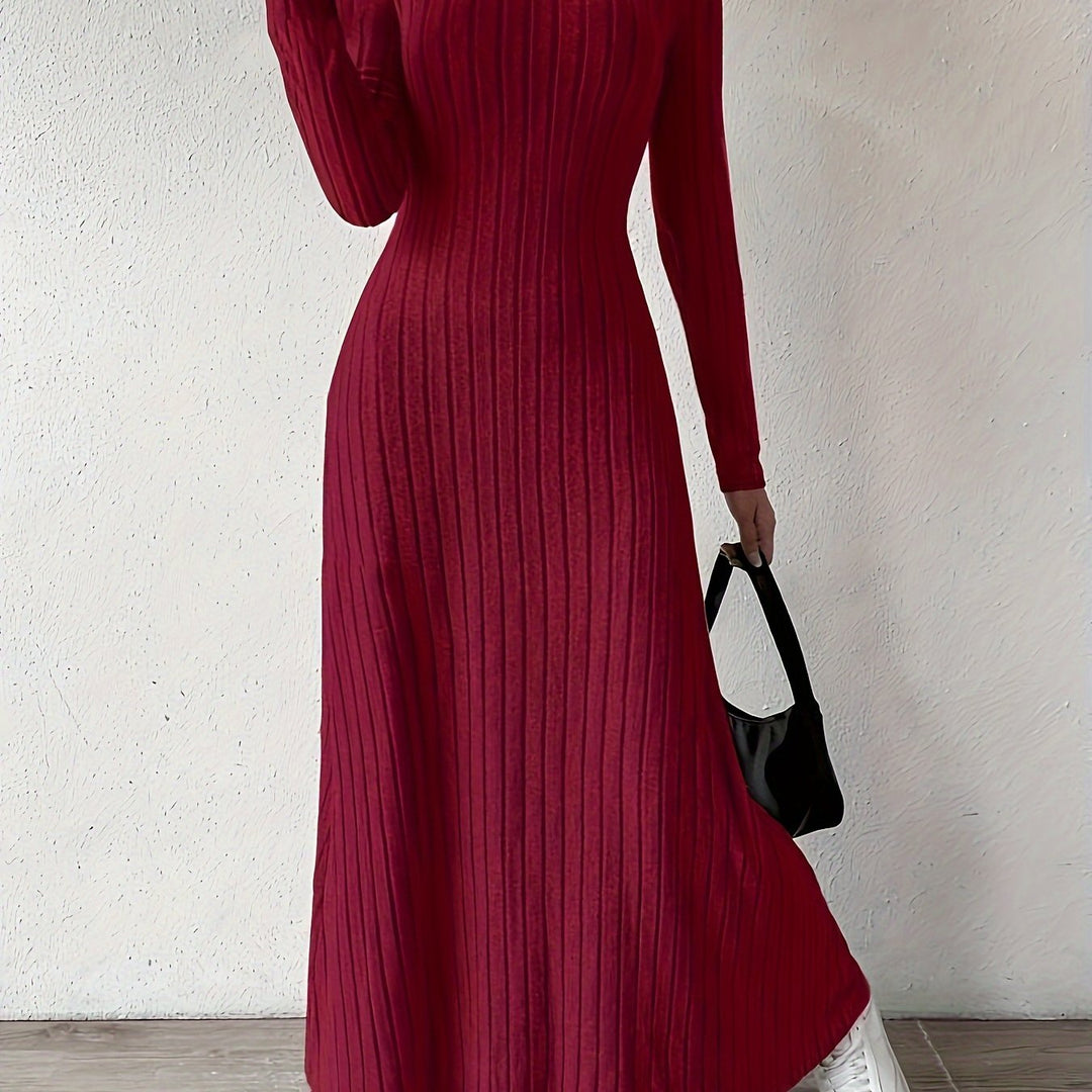 Elegant Ribbed Knit Maxi Dress for Women with V Neck Long Sleeve Fitted Flowing Style