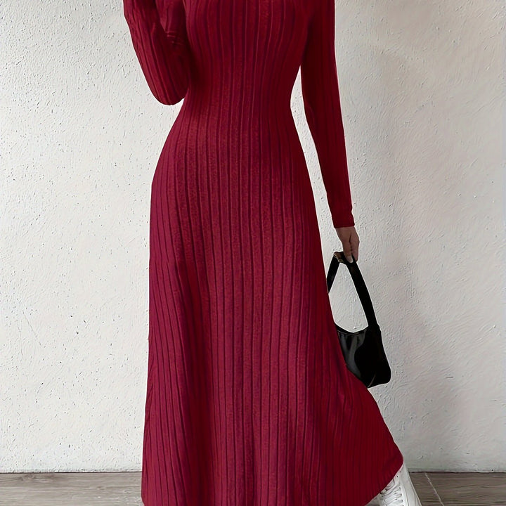 Elegant Ribbed Knit Maxi Dress for Women with V Neck Long Sleeve Fitted Flowing Style