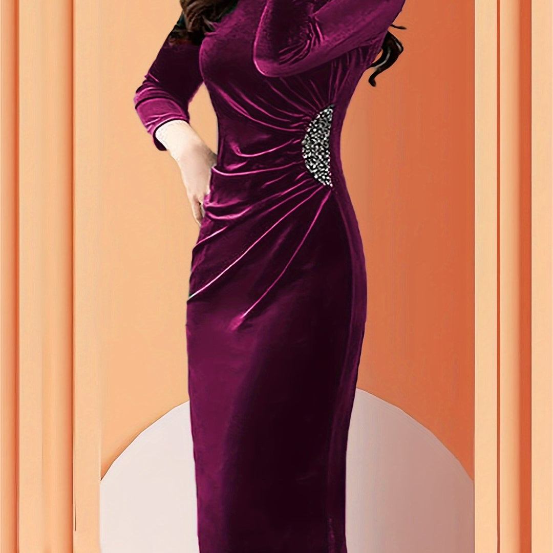 Elegant Velvet Midi Dress for Women with Round Neck Elbow Sleeve Ruched Beaded Bodycon Cocktail Style
