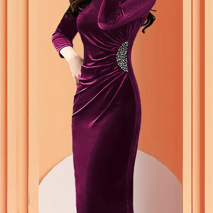 Elegant Velvet Midi Dress for Women with Round Neck Elbow Sleeve Ruched Beaded Bodycon Cocktail Style
