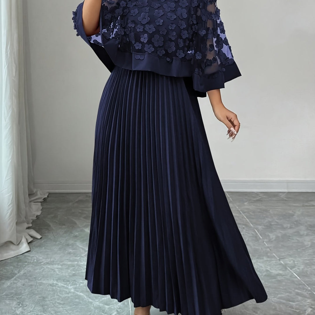 Elegant Floral Pleated Maxi Dress for Women with Round Neck Cape Sleeve Appliqué Flowing Formal Wedding Guest Style