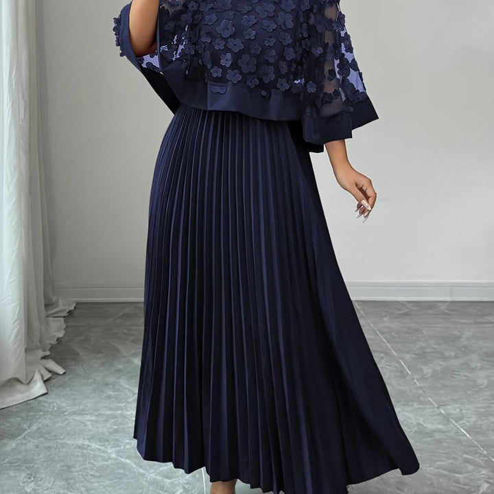 Elegant Floral Pleated Maxi Dress for Women with Round Neck Cape Sleeve Appliqué Flowing Formal Wedding Guest Style