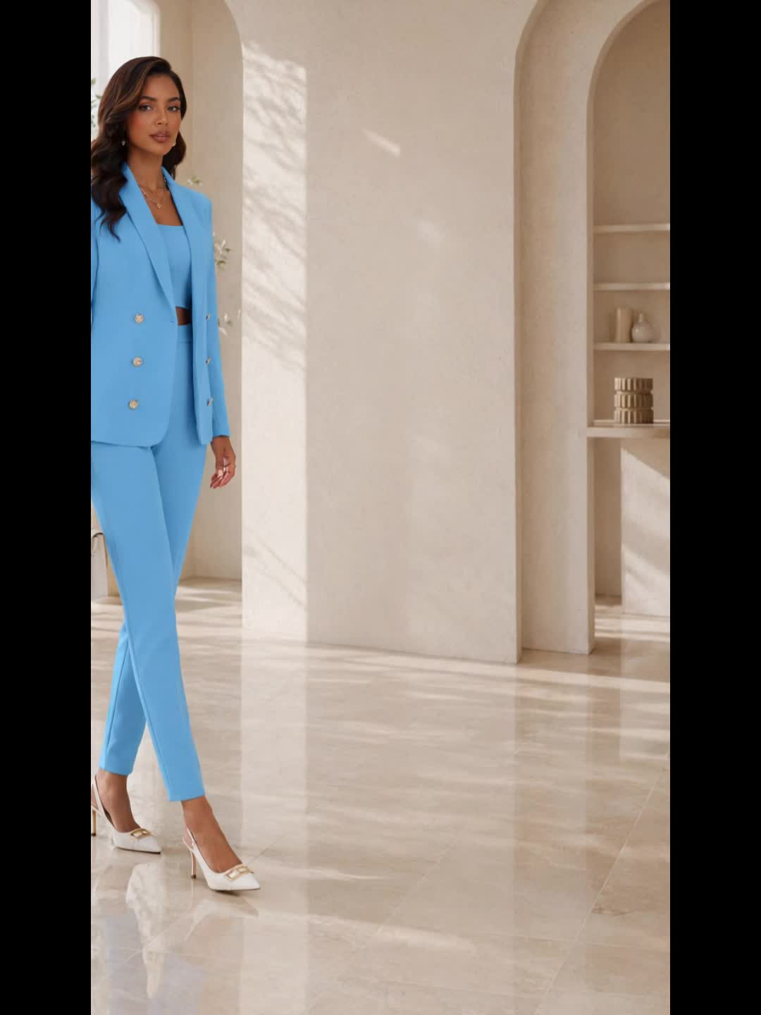 Elegant Three Piece Set for Women with Shawl Collar Blazer Crop Top Slim Pant Formal Style