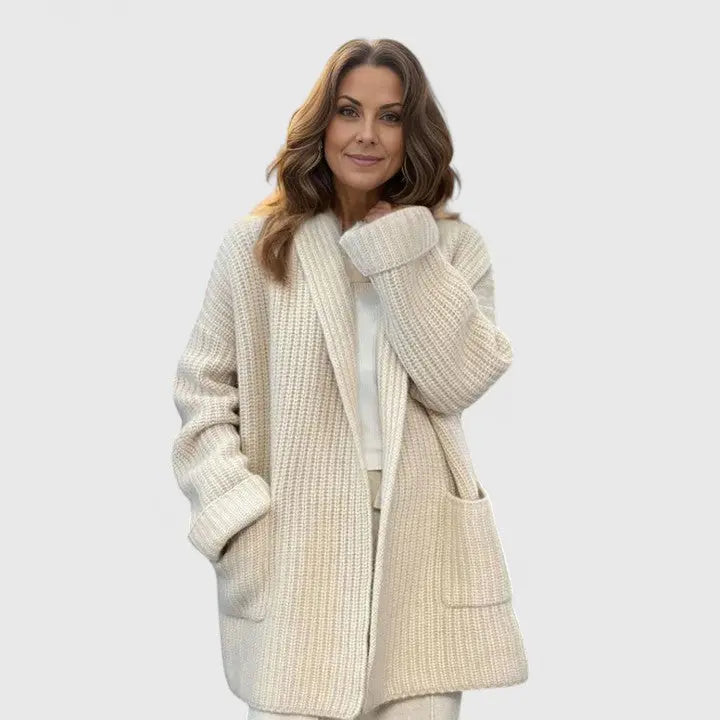 Comfortable Chunky Cardigan Sweater for Women with Shawl Collar Long Sleeve Patch Pocket Oversized Knit Style