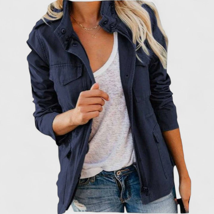 Effortless Cotton Utility Jacket for Women with Snap Collar Long Sleeve Cargo Pocket Casual Style