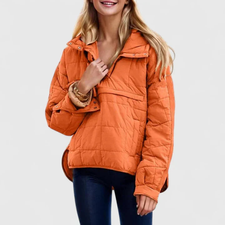 Comfortable Quilted Puffer Jacket for Women with Hooded Snap Front Long Sleeve High Low Hem Casual Style