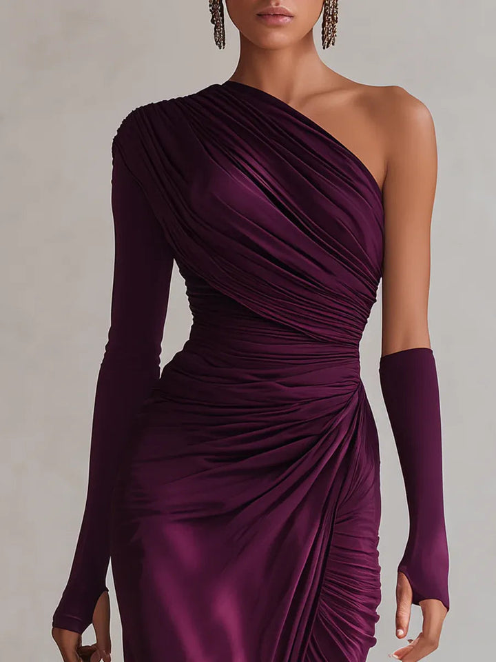 Elegant Purple Satin Maxi Dress for Women with One Shoulder Long Sleeve Ruched High Slit Style