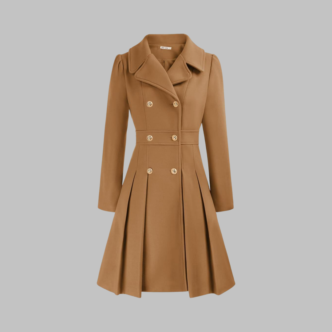 Elegant Wool Blend Pea Coat for Women with Notched Lapel Long Sleeve Double Breasted Pleated Fit and Flare Style