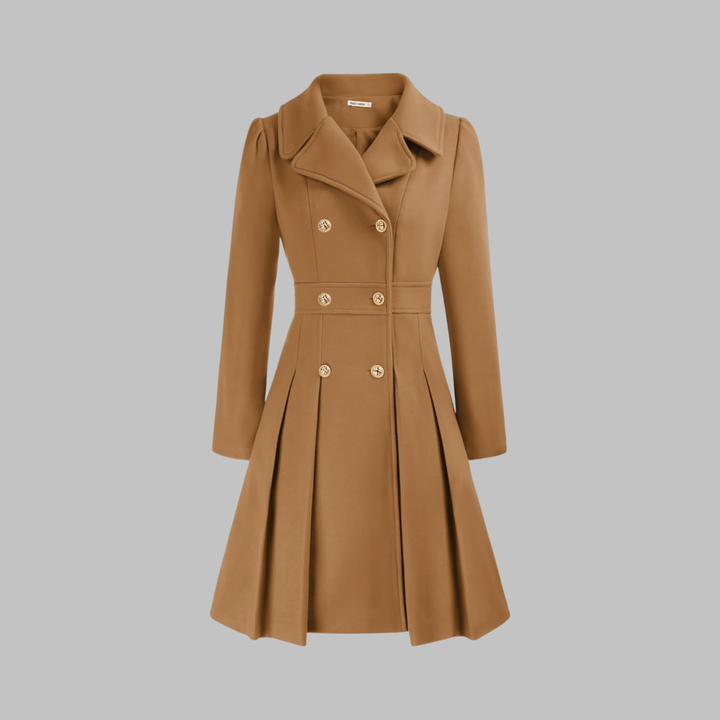 Elegant Wool Blend Pea Coat for Women with Notched Lapel Long Sleeve Double Breasted Pleated Fit and Flare Style