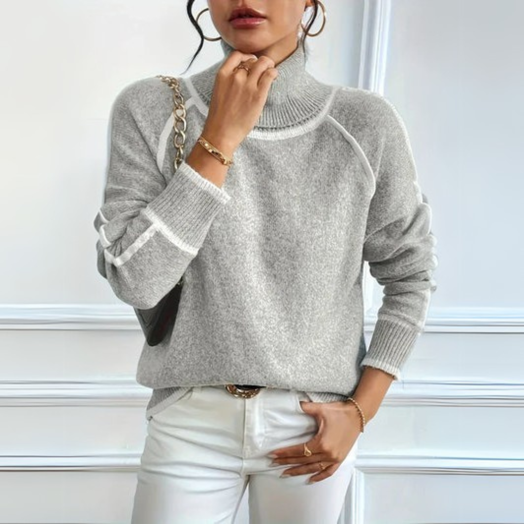 Comfortable Gray Turtleneck Sweater for Women with Long Sleeve Contrast Trim Relaxed Oversized Knit Style