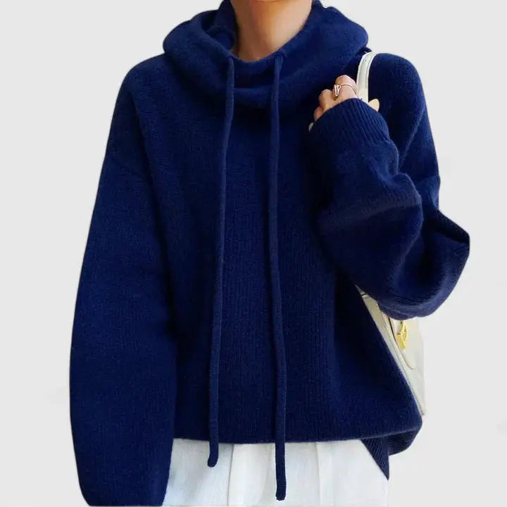 Comfortable Knit Hooded Sweater for Women with Cowl Neck Long Sleeve Drawstring Oversized Style