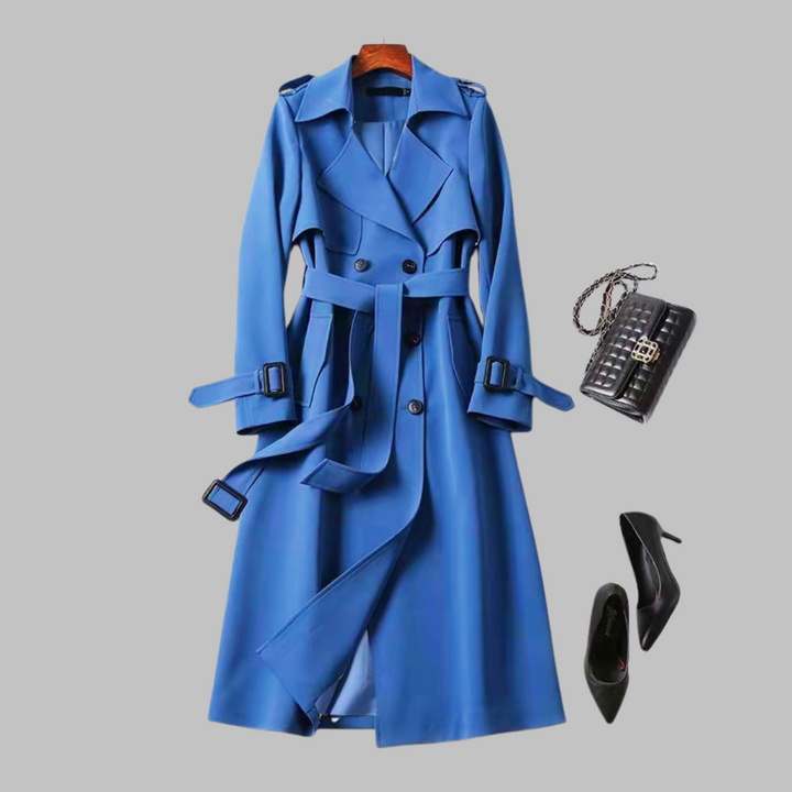 Elegant Trench Coat for Women with Notched Lapel Long Sleeve Double Breasted Belted Flowing Style