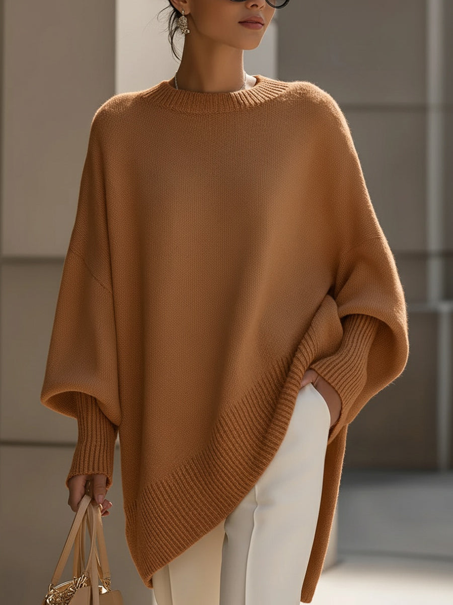 Comfortable Knit Poncho Sweater for Women with Crew Neck Batwing Sleeve Oversized Asymmetric Style
