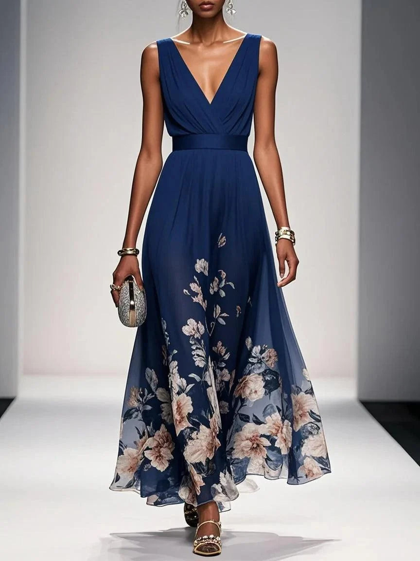 Elegant Floral Maxi Dress for Women with V Neck Sleeveless Wrap Waist Flowing Wedding Guest Style
