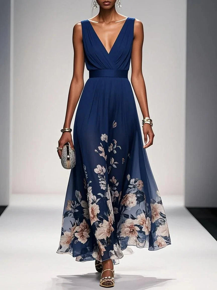 Elegant Floral Maxi Dress for Women with V Neck Sleeveless Wrap Waist Flowing Wedding Guest Style