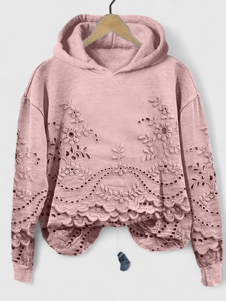 Effortless Floral Eyelet Hoodie for Women with Long Sleeve Scalloped Hem Cropped Casual Style