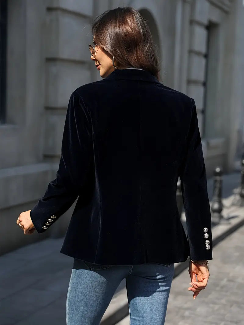 Elegant Velvet Blazer for Women with Lapel Collar Long Sleeve Single Button Tailored Formal Style